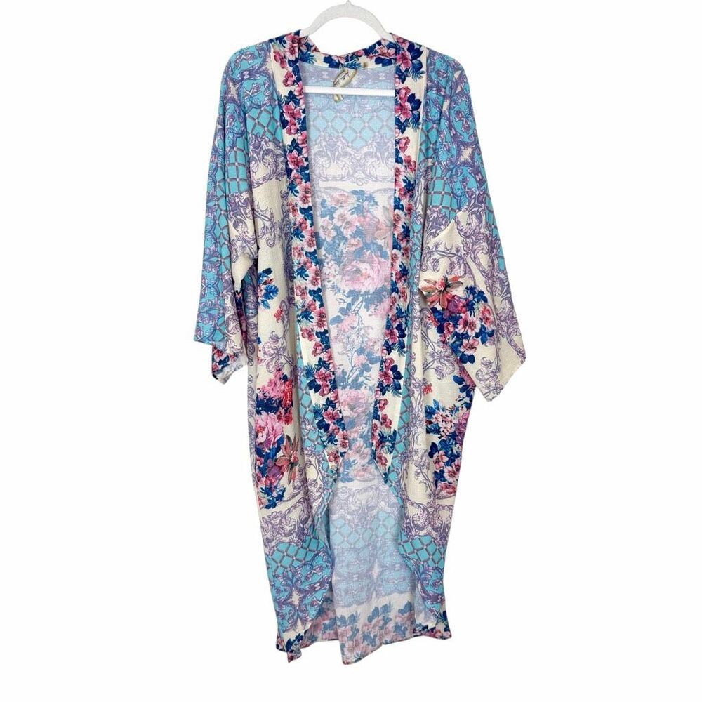 Anthropologie Arrata Silent Journey Kimono Long Duster OS Multicolor Floral Blue